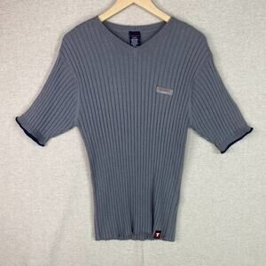 Vintage Tommy Hilfiger Mens Rib Knit Sweater Size XL Fitted Logo Preppy 90s Gray